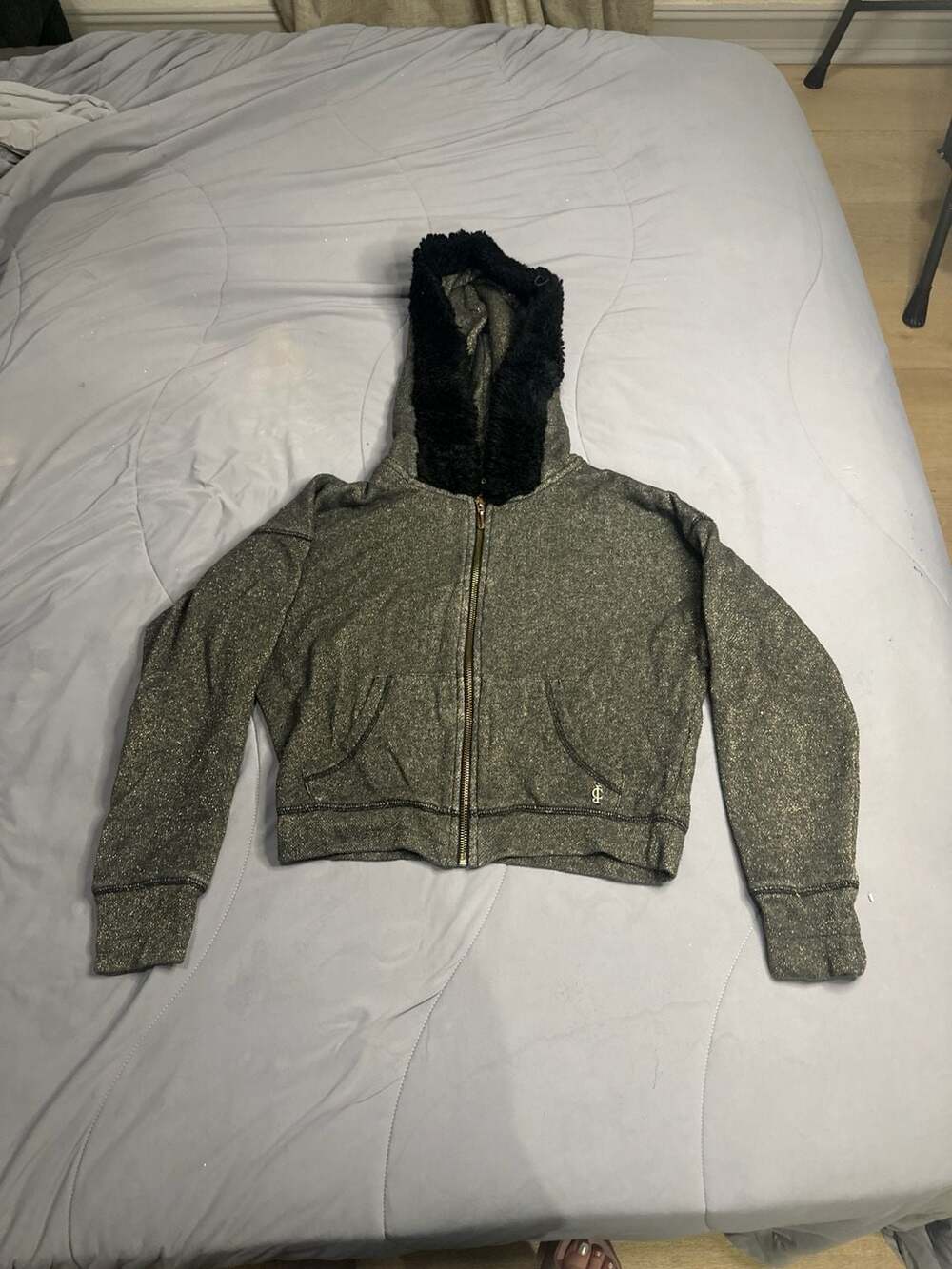 Juicy Couture Metallic Knit Zip-Up Hoodie with Faux Fur Trim Hood and Back Logo